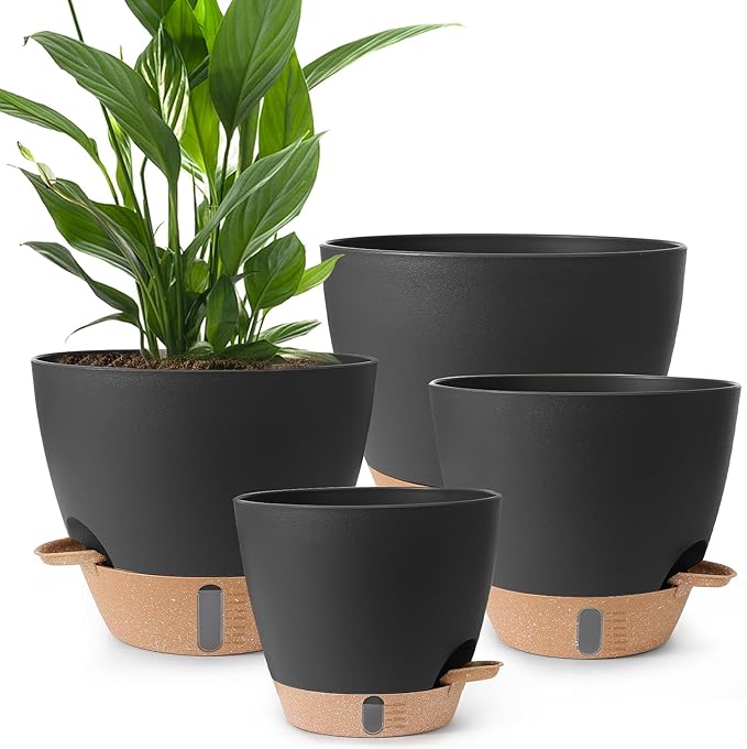 Self Watering Pots for Indoor Plants 12/10/9/8 Inch Large Plastic Self Watering Flower Pots Indoor Outdoor with Drainage Holes, Deep Reservoir,Nursery Planting Pot for Indoor Outdoor Plants Black