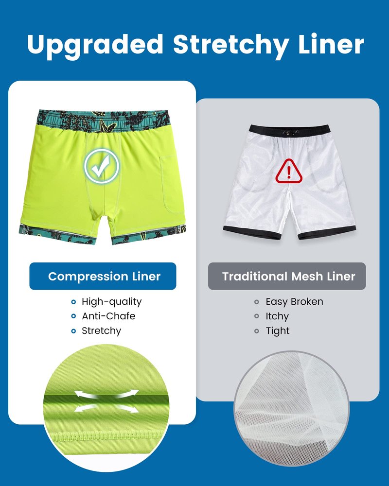 maamgic Mens Swim Trunks with Compression Liner 5 Inch, Quick Dry Bathing Suit with Zipper Pockets, Stretch No-Chafing Swim Shorts, Green-Sea World Large