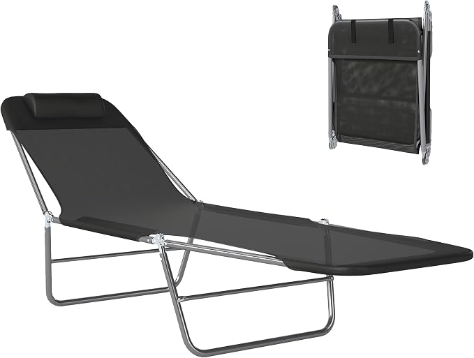 Outsunny Folding Chaise Lounge Outdoor Sun Tanning Chair w/Pillow, Black | Sun Tanning Chair for Outside, Breathable Mesh Seat, Headrest, Pool, Beach, Yard, Patio