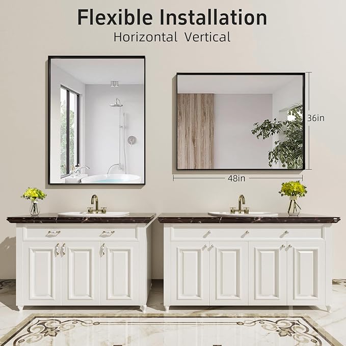 48”x 36” Black Bathroom Mirrors for Over Sink, Modern Rectangle Vanity Mirror,Shatter-Proof Tempered Glass,Metal Framed, Farmhouse Wall Mirrors Decorative (Horizontal/Vertical)