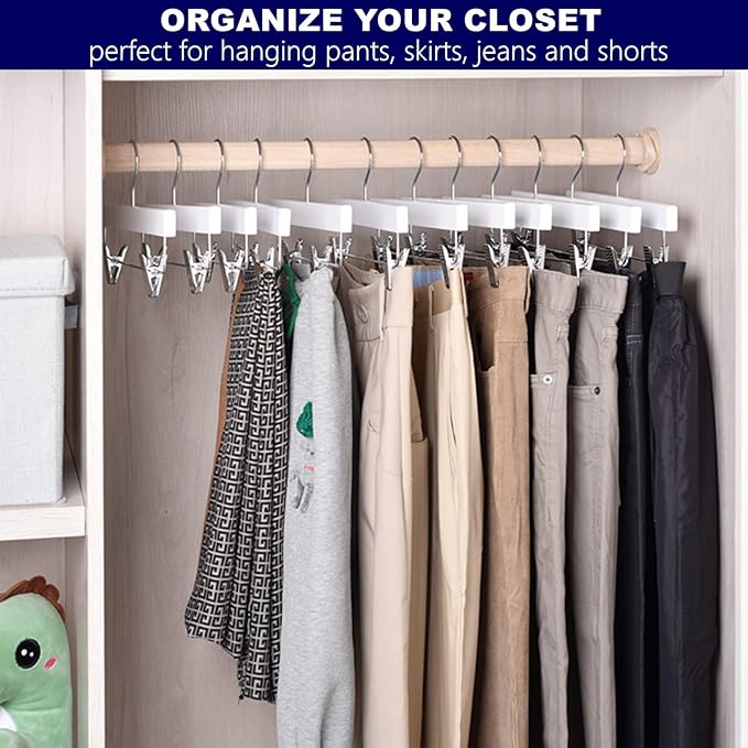 Amber Home 24 Pack White Wooden Pants Hangers with 2-Adjustable Clips for Jeans, Slacks, Shorts