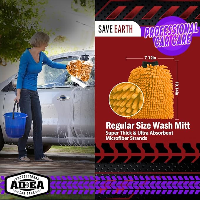 AIDEA Car Wash Mitt Microfiber, 2PK Scratch Free Lint-Free, Premium Chenille Microfiber Mitt Car Wash Brush, Orange, Regular Size 7.12''X10.14''