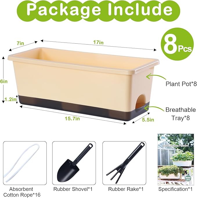 Oliz Window Box Planter 8 Pcs, 17 Inches Rectangle Flower Pots with Drainage Holes & Trays, Vegetable Planters for Windowsill Patio Garden Balcony Home Indoor Outdoor (Barley Yellow, 16 * 7 * 6 inch)