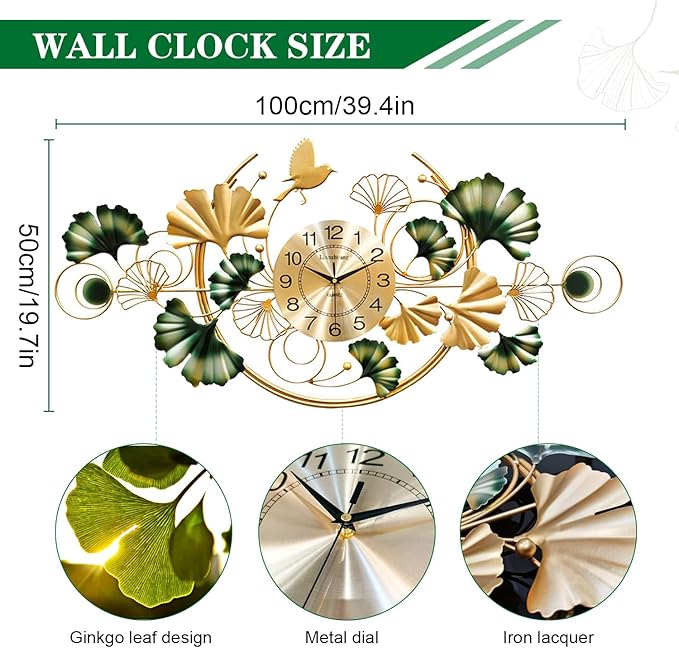 Big Wall Clock, Unique Ginkgo Leaf Decorative Wall Clocks, Luxury Metal Gold