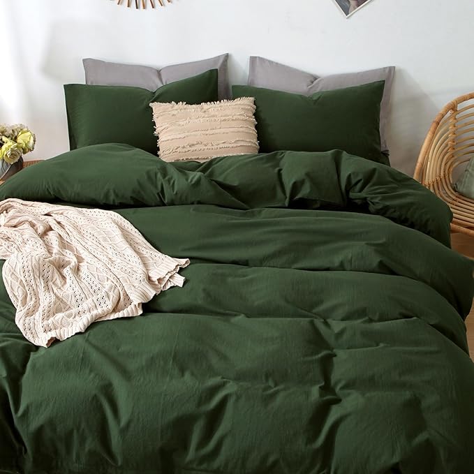 MooMee Bedding Duvet Cover Set 100% Washed Cotton Linen Like Textured Breathable Durable Soft Comfy (Solid Forest Green, Alaska King 132"x120")