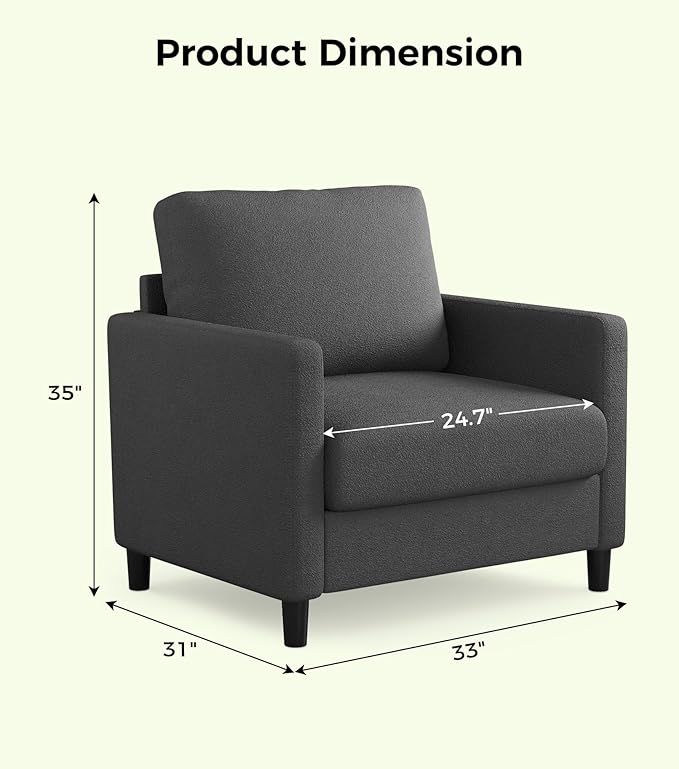 Sofa Accent Chair, 33" Reading Chair for Bedroom, Tool-Free Setup Living Room Accent Chairs, Comfy Arm Chairs Living Room, All-Wood Reading Nook, Grey
