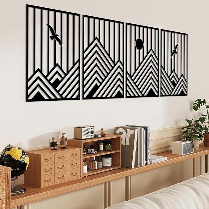 ESTART 4 Pcs Metal Mountain Wall Art, Minimalist Decor Single Line Art Wall Decor, Nature Abstract Line Minimalist Wall Art for Living Room Bedroom Bathroom Study Room (Black)