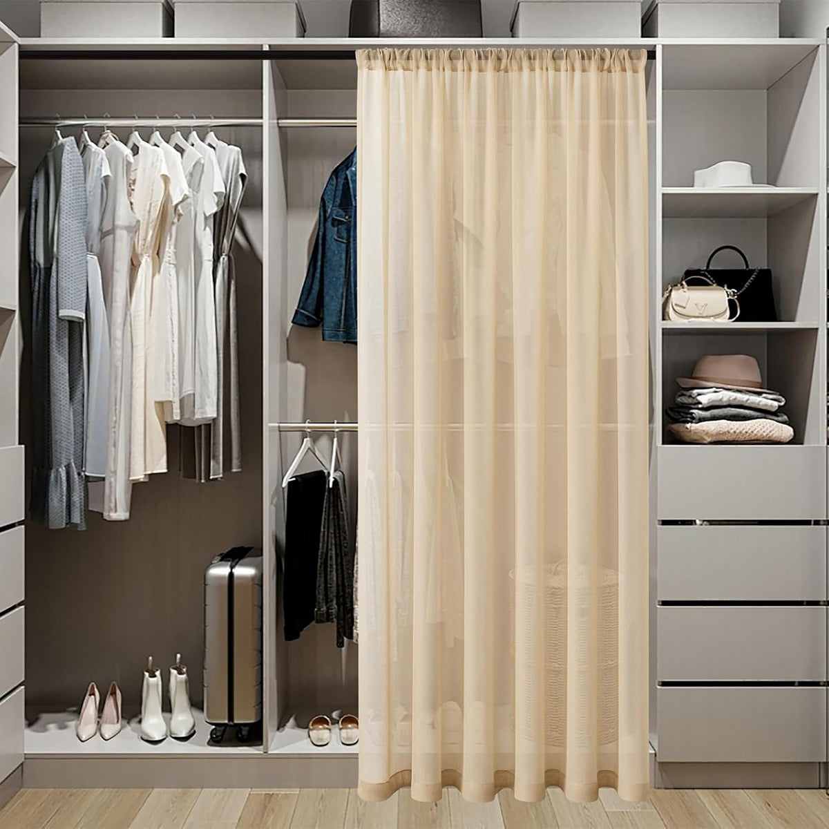 Tollpiz Sheer Door Curtains Closet Linen Textured Curtain Sheers Doorway Light Filtering Voile Patio Glass Door Rod Pocket Curtains French Door, 54 x 80 inches Long, Beige, Set of 1 Panel