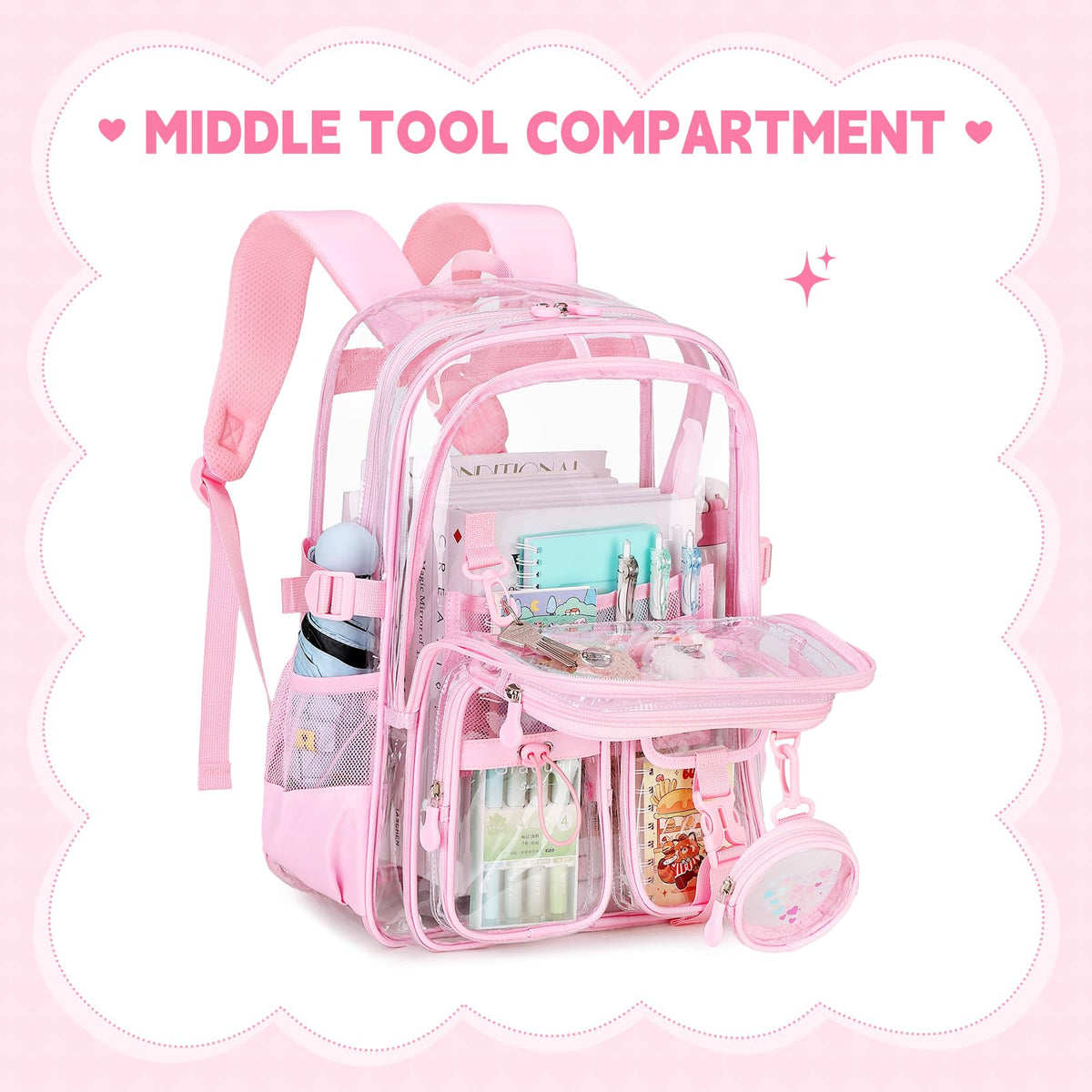 ASKSKY Clear Backpack for Girls School Clear Bookbag Stadium Events Heavy Duty Transparent Back Pack, Pink
