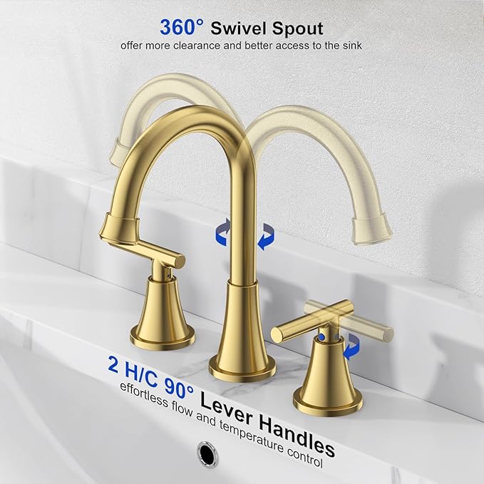 Bathroom Faucets for Sink 3 Hole, Hurran Brushed Gold Bathroom Sink Faucet with Pop-up Drain and Supply Lines, Stainless Steel Lead-Free Widespread Faucet for Vanity RV, 2 Pack
