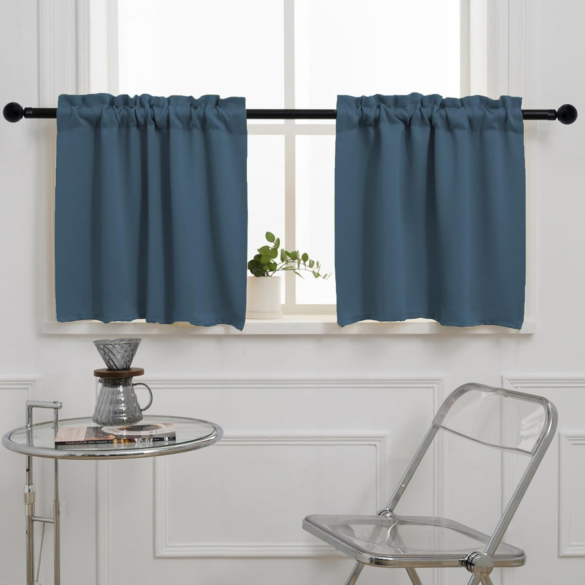 Pickluc Cafe Curtain (Half Window Curtain) 24 Inches Length, Rod Pocket Kitchen Curtain, Short Blackout Curtain for Small Window, 30" Wide and 30" Long, 2 Panels, Stone Blue
