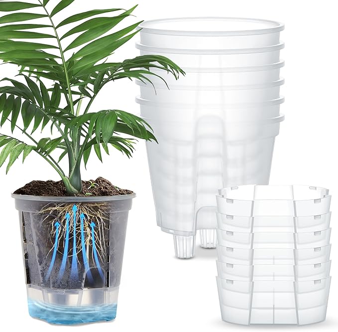 Wonderjune Self Watering Pots for Indoor Plants with Deep Reservoir and High Drainage Holes for Outdoor Plants and Flowers, Bare Root Planter(5.91'',Clear,6 Pcs)