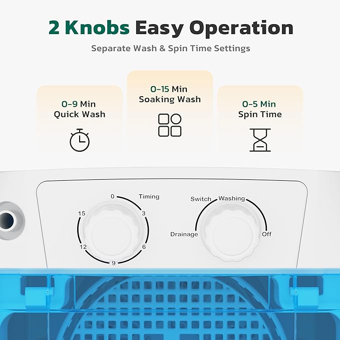 Greenvelly Portable Washing Machine, Single Tub Small Laundry Washer with Spin Basket, 6.6lbs Portable Washer Dryer Combo for Apartments,Dorms (White Blue)