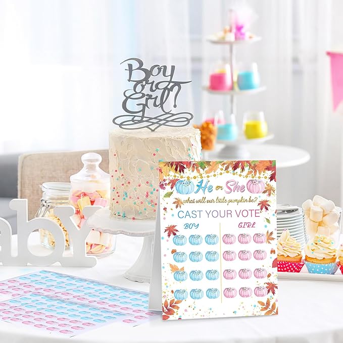 Poen Gender Reveal Board with Stand What Will Our Be Gender Reveal Game with 60 Pcs Voting Stickers for Cast Your Vote Guess Game Baby Shower(Warm)