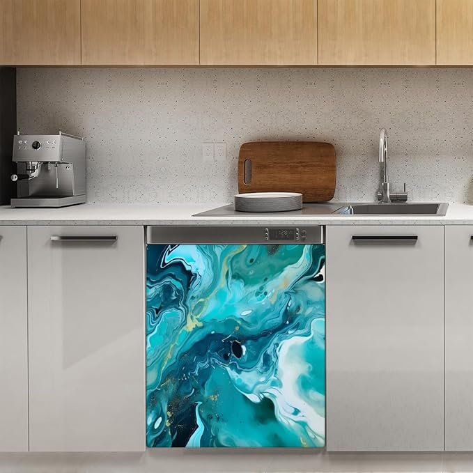 Dishwasher Magnet Cover Teal Green Marble Print Reusable Dishwasher Magnetic Cover Sticker Decorative Dish Washer Door Cover Panel for Home Kitcen Appliance