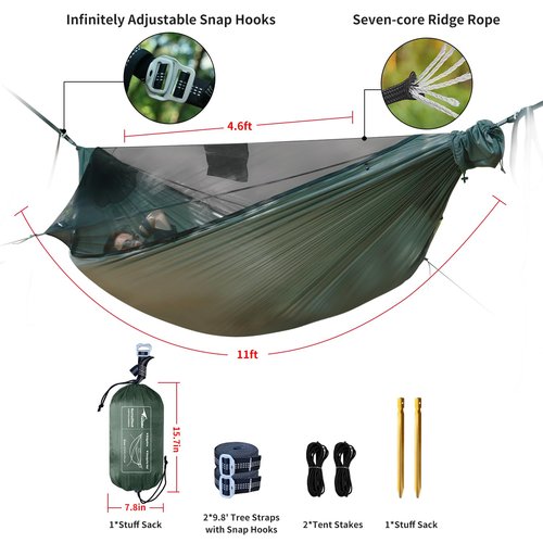 NomadNest 11ft Camping Hammock with Net and Ridge Rope, Detachable Full-Open Mesh, Lightweight Portable Hammocks for Camping Hiking Backpacking