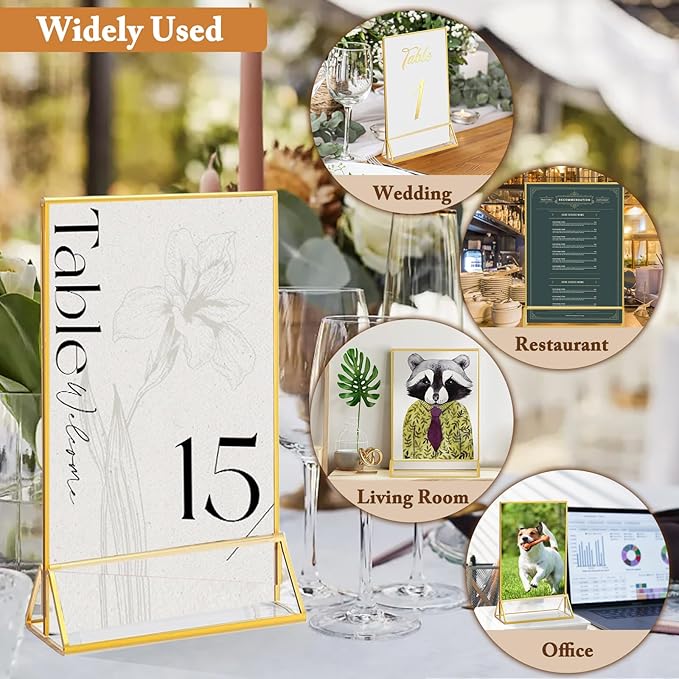 Floroom 12 Pack 5x7 Inch Clear Acrylic Sign Holders, Double-Sided Gold Display Stand Picture Frames for Table Numbers, Menus, Flyers, Weddings, and Offices