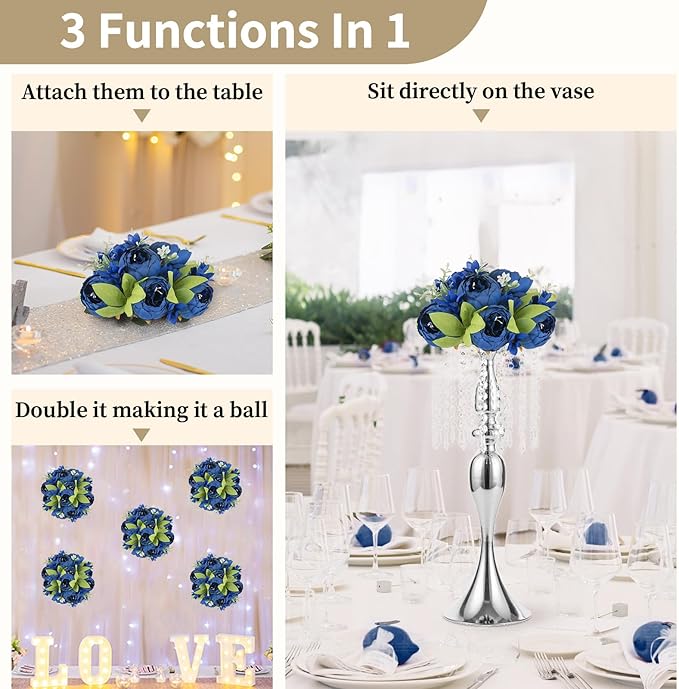 NUPTIO Flower Ball Arrangement Bouquet: 10 Pcs 9.4 inch Diam Royal Blue Faux Peony Flowers Balls for Wedding Centerpiece Decorations Fake Peonies Artificial Flower Centerpieces for Tables