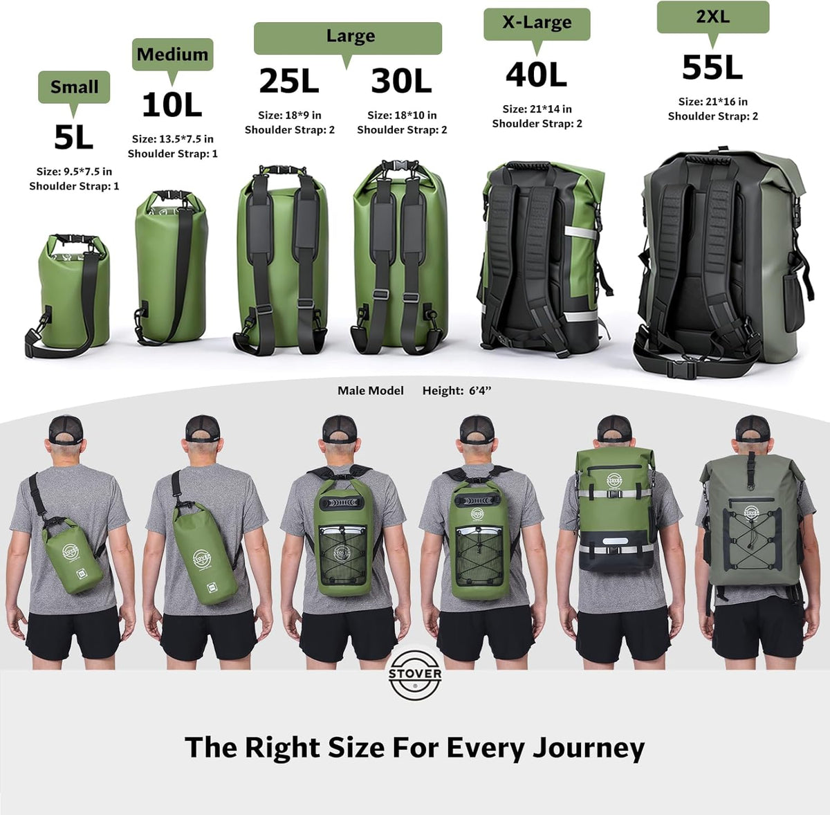 STOVER Waterproof Dry Bag | Roll-Top Backpack with Phone Case for Kayaking, Hiking & Camping - 5L to 55L