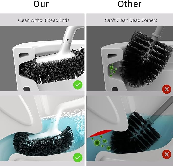 HAMITOR Toilet Bowl Brush Holder Set: Deep Cleaning Brushes with Curved Design - Ergonomic Long Handle for 360?? Dead Corner Clean with Replacement Brush - Bathroom Accessories for RV Apartment