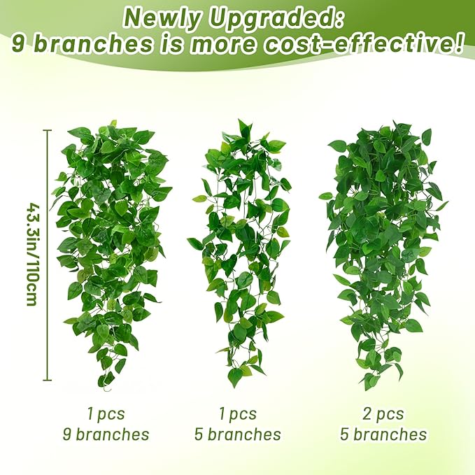 BLEUM CADE 2Pcs Fake Hanging Plants, 9 Branch Artificial Hanging Plant