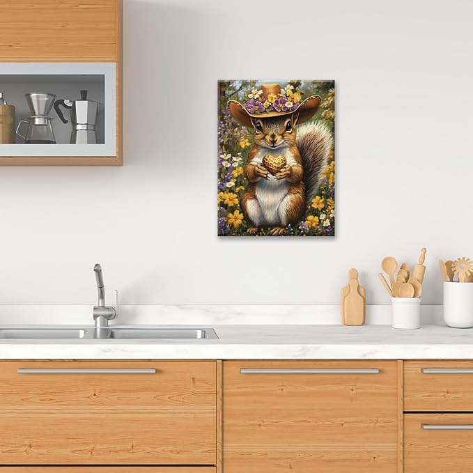 Western Squirrel Wall Art, Squirrel Peanut Pictures Wall Decor, Country Rustic Animal Canvas Prints, Forest Flower Painting, Framed Artwork for Bathroom Living Room Bedroom Dining Room 16"X12"