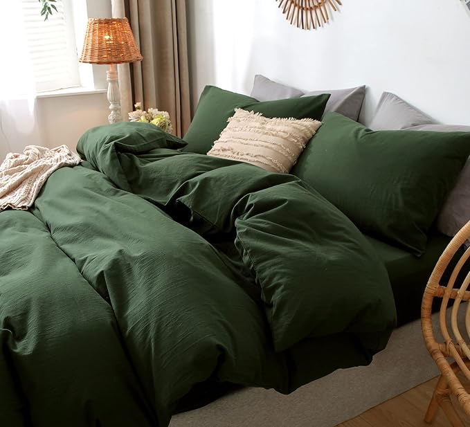 MooMee Bedding Duvet Cover Set 100% Washed Cotton Linen Like Textured Breathable Durable Soft Comfy (Solid Forest Green, Full 80"x90")