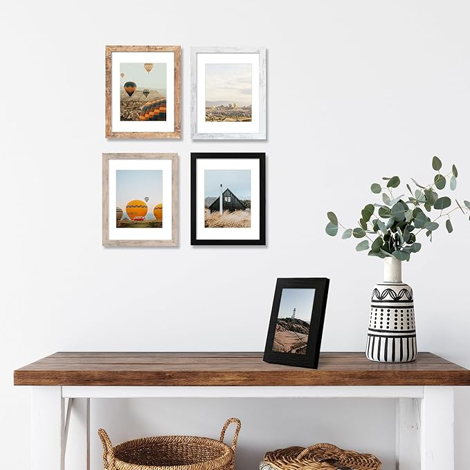 8x10 Picture Frame Set of 4, High Definition Real Glass 8 x 10 Photo Frames for Desktop Display and Wall Mounting (Distressed White+Smoke Gray+Rustic Brown+Black)