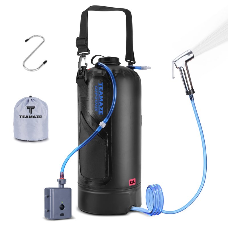 Teamaze Camping Shower,12L Portable Camp Shower Bag with Upgraded Screw Lid, Auto Pressure Pump, Solar Shower, Camping Shower Head for Beach Camping, Hiking, Traveling, Washing