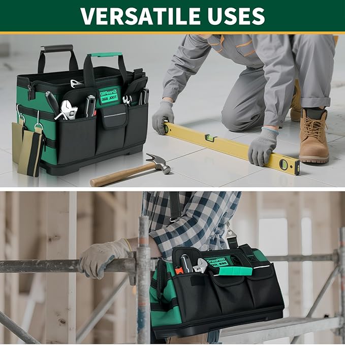 GRENPRO Heavy Duty Tool Bag 18Inch, 18-Pocket Molded Bottom Toolbox Organizer Portable Waterproof, Upgraded Handle Tool Bag for Mechanics, DIY, Valentines Day Gifts for Him Dad Men