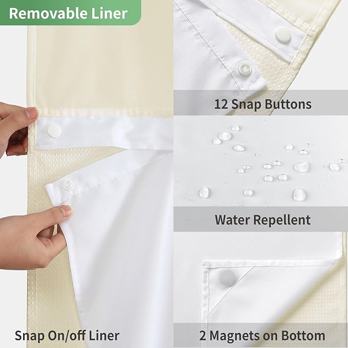 Extra Long No Hook Shower Curtain with Snap-in Fabric Liner Set,Cream Waffle Weave Shower Curtains for Bathroom,Hotel Luxury Decor Bathroom Curtain Set,Waterproof & Washable,71Wx86H