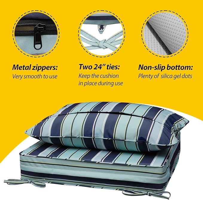 AAAAAcessories Outdoor Seat Cushions for Chairs, Fade-Resistant, Waterproof Patio Furniture Replacement Cushions, 20" x 18" x 3" + 20" x 17", Ash Teal Seaside Stripe