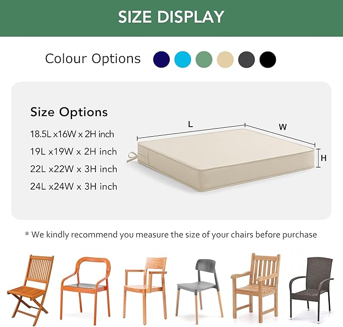 Outdoor Chair Cushions Set of 4: Waterproof & Fade Resistant Seat Cushion for Patio Furniture - 19 x 19 x 2 Inch Chair Pads with Ties and Hidden Zipper - Patio Chair Cushion Replacement, Beige