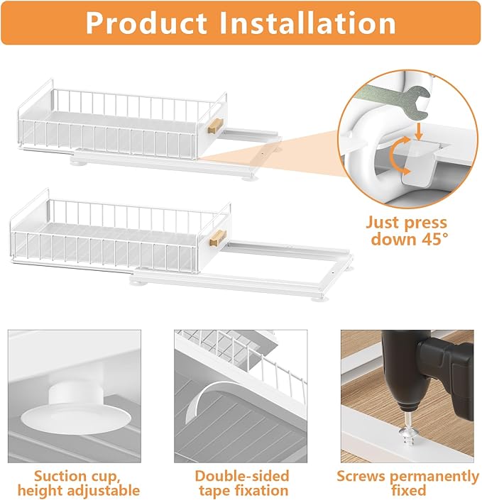 Under Sink Organizer, Single Tier Metal Pull Out Sliding Drawer Shelf for Kitchen Bathroom Cabinet Storage, Sturdy Rack – White
