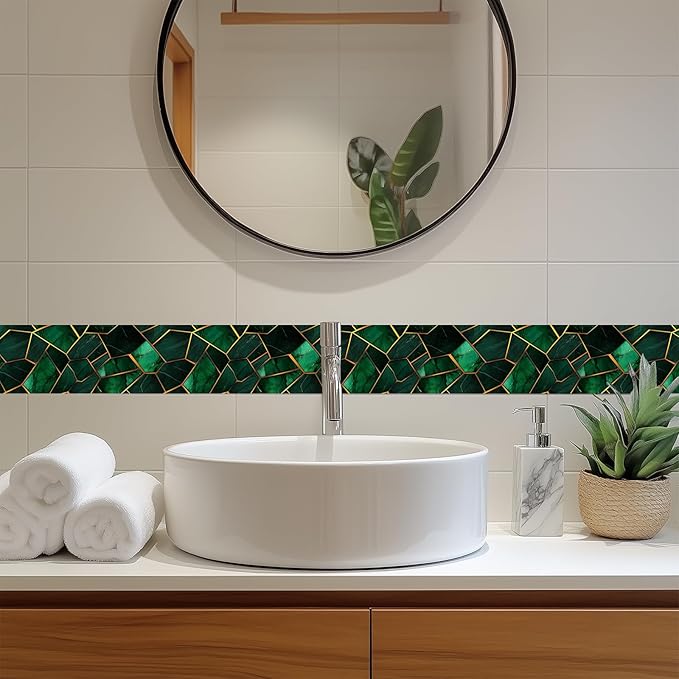 HOMETITUTE Wallpaper Border Peel and Stick Wall Border Emerald Tile Geometric