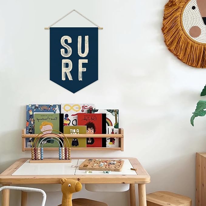 Coastal Beach Surf Room Decor Nautical Linen Canvas Banner, Navy Blue Surf Ocean Wall Hanging Pennant Flag Banner for Home Bedroom Living Room Beach House Decor, 15x11in