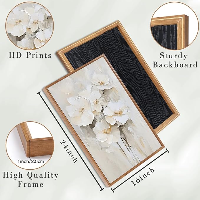 Anyzal Framed Neutral Beige Floral Wall Art Large 16x24 Inch White Cream Flower Canvas Wall Decor Modern Botanical Farmhouse Painting for Living Room Bedroom Dining Room Set of 3