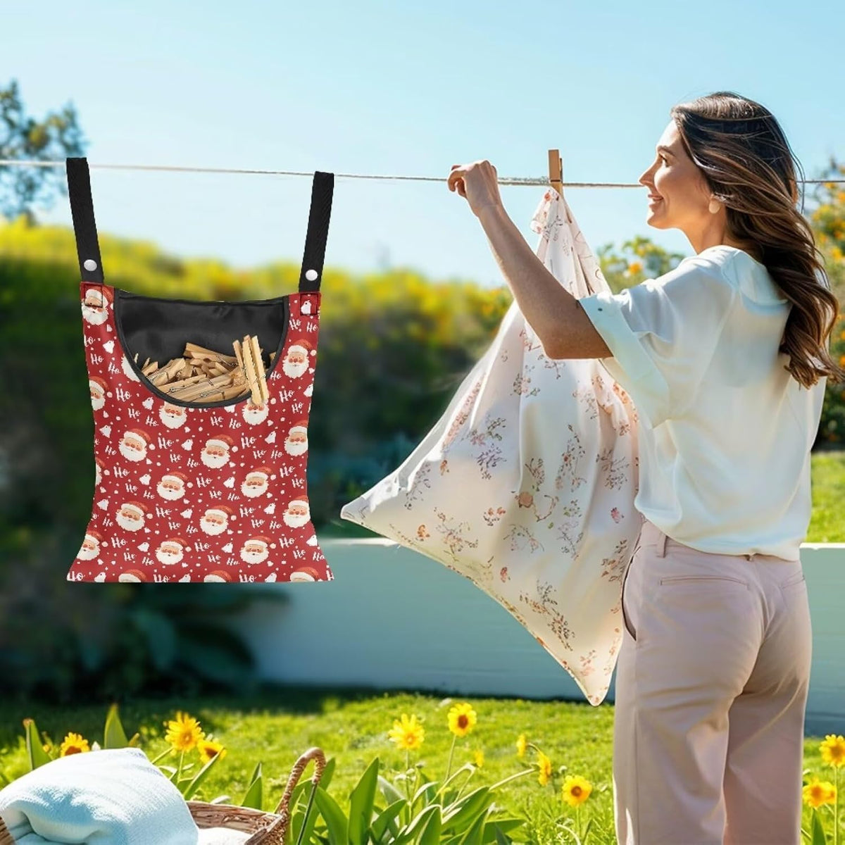 Clothespin Bag with Hanging Rope for Home Outdoor，Laundry Hanging Bag Fits Clothes Lines for Hanging Clothes Outside Balcony Bathroom Corridor Yard - Santa Claus