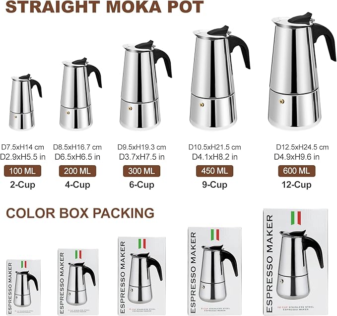 2 Cup Stovetop Espresso Maker Stainless Steel Moka Pot Stove Top Percolator Italian Coffee Makers Capable Mocha Greca Machine Cafe Classic Induction Cookers for Home and Camping 100ml 3.3oz