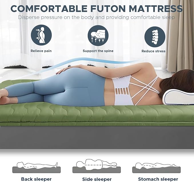 Japanese Floor Mattress, 100% High Density Comfortable Foam, 4" Thicken Foldable Mattress Tatami Mat Sleeping Pad, Ideal for Comfort and Support, Kids Floor Lounger Camping Bed Sofa, Green, Queen