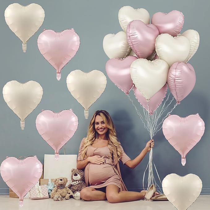 Pink White Heart Balloons, 18 Inch Baby Pink and Cream Helium Foil Heart Balloon 10Pcs Pastel Nude and Light Rosa Heart Shape Mylar Balloons for Boho Girls Women Birthday Baby Shower Bridal Valentines