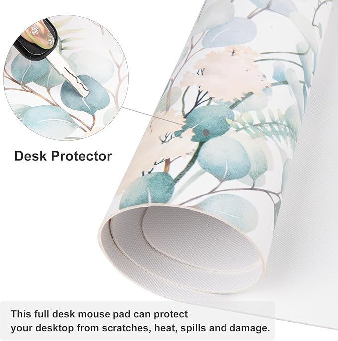 QIYI Large Mouse Pad for Desk, Cute Desk Mat for Desktop, Women Girls Green Office Décor Desk Accessories, PU Leather Waterproof Gaming Mousepad, Eucalyptus Leaf Desk Pad Computer Mat, 31.5" x 11.8"