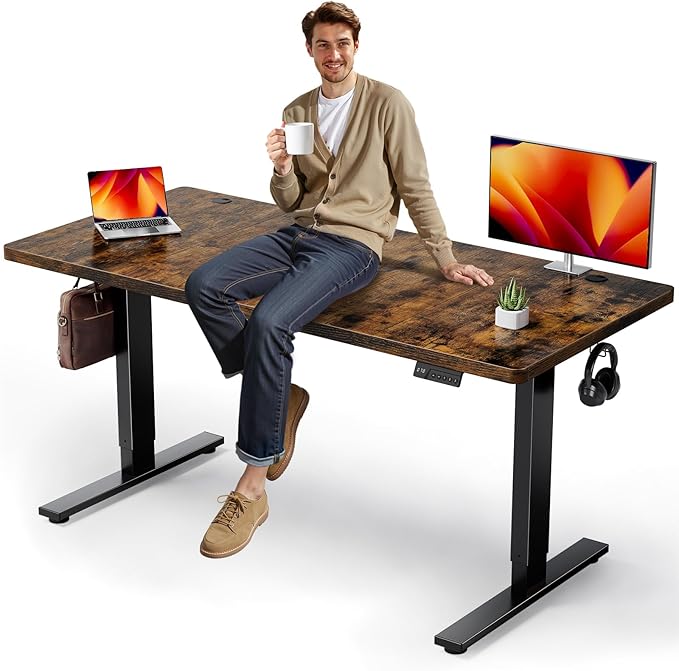 Electric Standing Desk Adjustable - 63x30 Inch Sit Stand Desk with 1 Inch Thick Tabletop, Double Beam Frame, 3 Memory Height Adjustment, Cable Management for Home Office