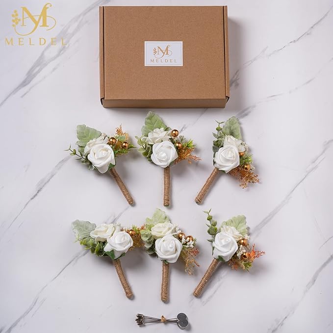 Meldel White Boutonniere for Men Wedding,Set of 6,Groom and Groomsman Boutonniere for Wedding,Greenery Rose Corsage for Men Ceremony Anniversary Party Prom Homecoming