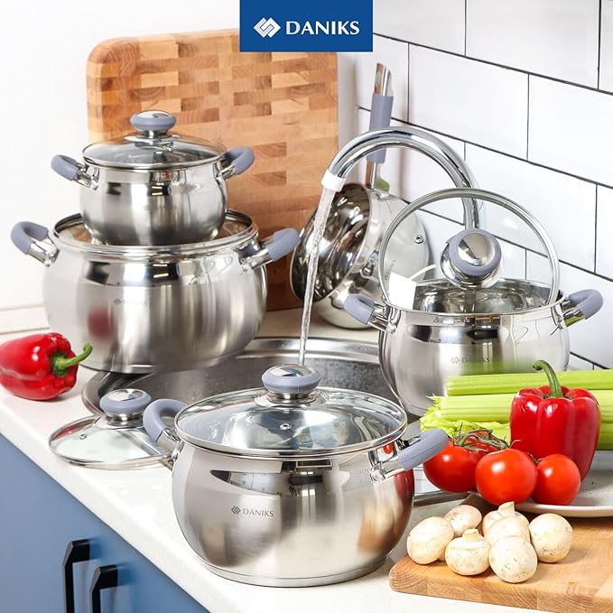 Daniks Modern 10-Piece Stainless Steel Induction Cookware Set – Dishwasher Safe Saucepan, Pots with Heatproof Handles, Glass Lids, Silver