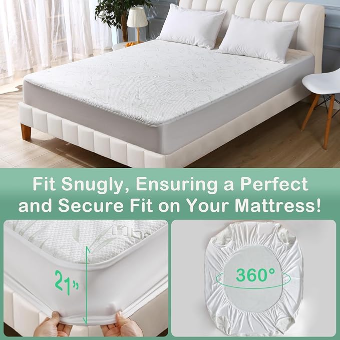 California King Mattress Protector Waterproof Mattress Pad Washable Bamboo Rayon Mattress Cover Breathable Noiseless Bed Protector 5" - 21'' Elastic Fitted Deep Pocket