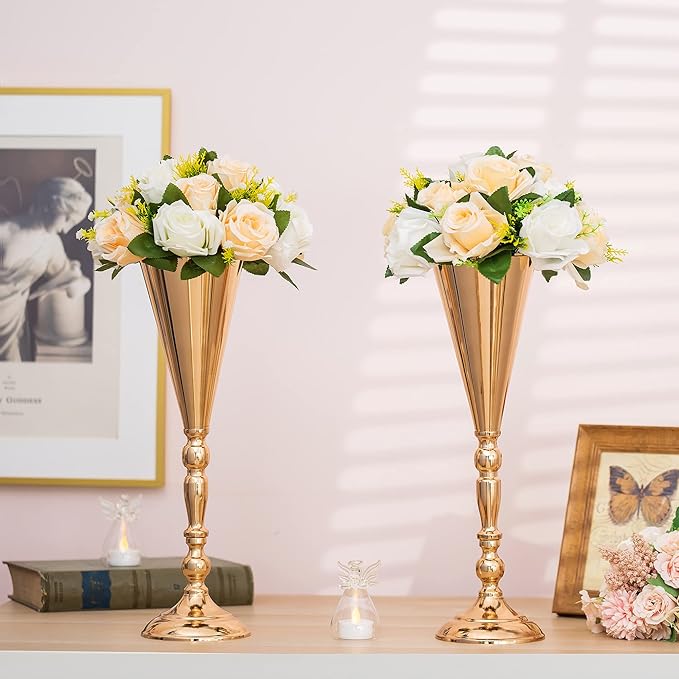 Gold Vase Centerpiece Table Decorations - 2 Pcs Metal Tabletop Flower Stand, Wedding Decorations for Reception, 16.5in Trumpet Tall Flower Vase for Birthday, Weddings, Anniversary Ceremony, Home Decor