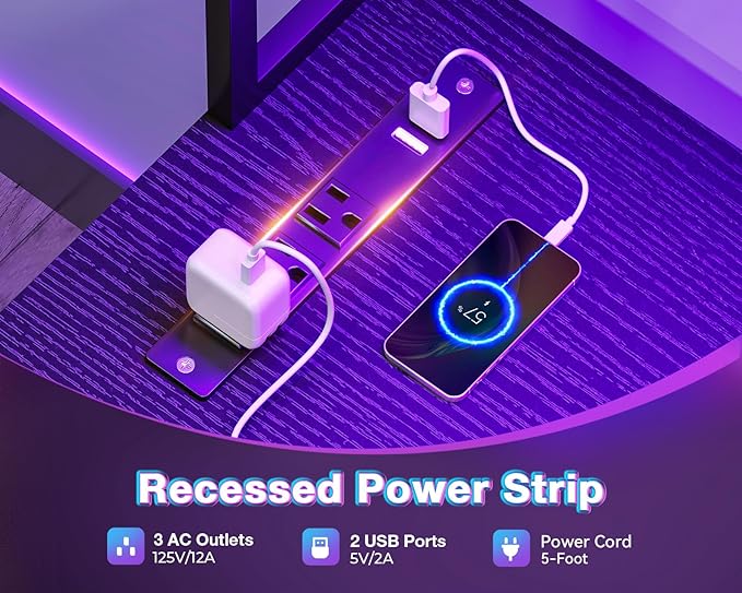 AODK L Shaped Desk Gaming Desk with LED Light & Power Outlet, 59 Inch Reversible L Shaped Computer Table with 4 Drawers for Home Office, Black
