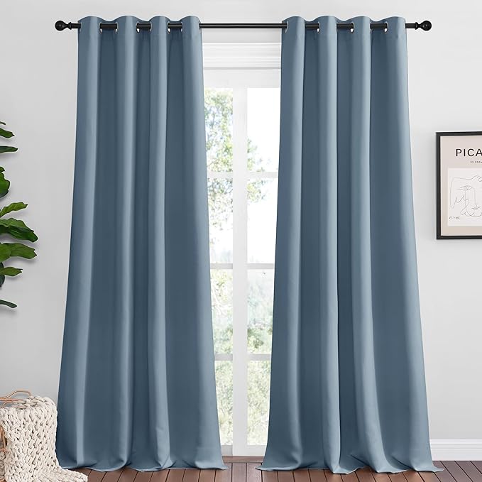NICETOWN Smoky Blue Blackout Curtains 96 inches Length for Living Room, 2 Panels, 55" Wide, Thermal Insulated Long Drapes for Large Window