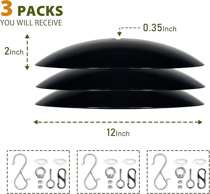 12" Bird Feeder Rain Guard, Hummingbird Feeder Shade Dome Cover, Hanging Squirrel Baffle for Bird Feeder Pole (Black), 3 Pack